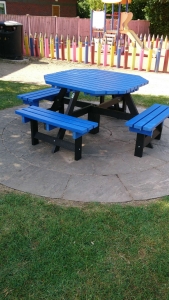blue picnic table